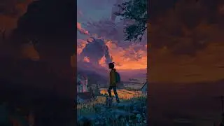 The Giant Awakes | Sunset Confrontation #EpicArtwork #FantasyArt #SurrealArt  A boy and his dog stan