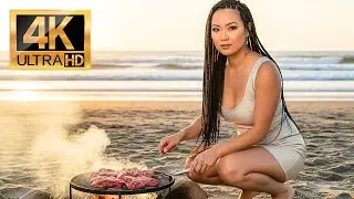 Beautiful woman surviving isolated for 48 hours on the beach &mdash;off-grid &mdash; living on hunted food crabs