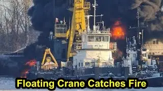 На российской верфи загорелся плавучий кран.