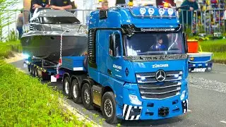 AWESOME RC TRUCKS, SCANIA, AROCS, ACTROS, MAN!! RC HEAVY LOAD YACHT TRANSPORT, RC EXCAVATOR