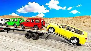 Four Trucks Transporting cars with Flatbed Trailers | Cars vs Speedbump vs Train vs Pothole #020