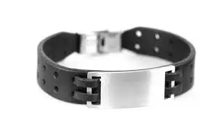 Black Leather ID Engraved Bracelet for Him