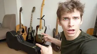 Неприятный придурок демонстрирует свою коллекцию гитар