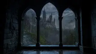 Medieval Castle Window 4K Rainy View, Thunderstorm Sounds for Deep Sleep, Reading Ambience