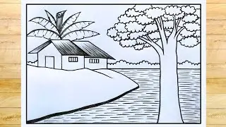 সহজ নিয়মে প্রাকৃতিক দৃশ্য আঁকা শেখা | How to draw very easy village scenery | Prakritik drishya aka