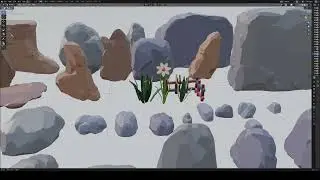 Stylish low polygon stones and flower and grass asset groups