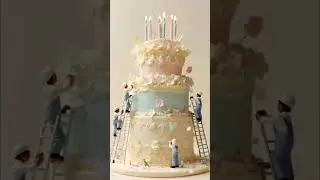 a giant birthday cake being decorated by tiny workers #shorts #cake #miniature