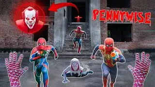 4 Spider-Men Face PENNYWISE Inside the Abandoned Building (Scary Action POV)