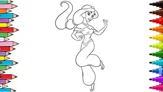 How to colour Disney princess jasmine from Aladdin, step by step with kids drawing