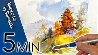[Eng sub] 5 min Watercolor  | How to Paint a Beautiful Autumn Landscape | Trees in red leaves