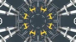 A seamless looping 3D animation of construction elements exploding and reforming in a symmetrical, k