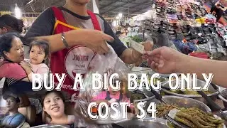 You buy all foods with $4 in a regular market in Vientiane,choj tsev neeg,ntxim hlu, luag ntxhi