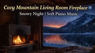 Cozy Mountain Living Room Fireplace ❄️ Snowy Night | Soft Piano Music