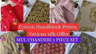 MUL CHANDERI 3 PIECE SET 🪷 VATICAN SILK  PRINT OFFER 🪷 COTTON HANDBLOCK PRINT 🪷 #runningmaterial