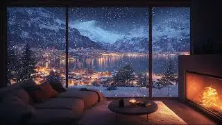 Peaceful Snowy Night at a Mountain Lake ❄️ Falling Snow Ambience & Cozy Fireplace