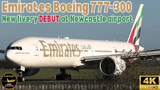 Emirates 777 in NEW livery finally DEBUTS at Newcastle International airport & pops a great WHEELIE