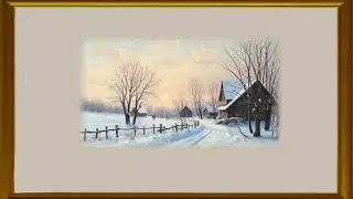 TV Art For Golden Framed Vintage Your Screen. Animated Snow Countryside Painting.