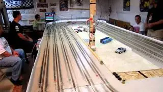 1/24th scale slot car oval racing hard body style at Hammer'n Hanks Raceway