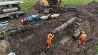 DRONEBEELDEN: Flow stop AC waterleiding DN400 met werkdruk 4 bar.