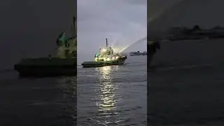 KARACHI PORT TRUST MT KHARADAR TUG KPT WATER SALUTE BY TUG TO FEDERAL MINISTER AND KPT CHAIRMAN