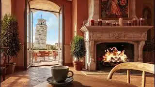 Italian Café Fireplace Ambience ☕ Jazz Piano with Leaning Tower of Pisa | Study, Relax & Focus