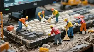 Mini⌨️workers in bright uniform cleaning a gainty🖱️dusty keyboard like a whimsical construction site
