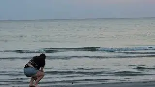 Final moments of the setting of the beaver Super moon, birds diving, panorama