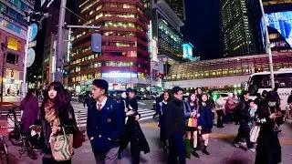4K Evening view of Shibuya city. Walking tour around Shibuya. Tokyo, Japan 