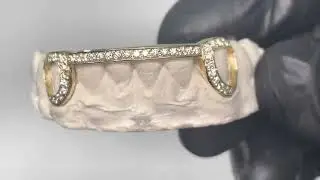 Diamond Bridge Grillz w Iced Out Open Face Fangs in 14K Yellow Gold - 100% Authentic | Luxe Grillz