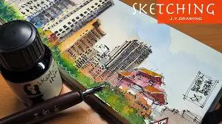 Street Buildings Drawing Easy With a Dip Pen & Watercolor