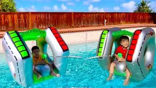 Alex and Eric Pretend Play with Spaceship Float Swimming Pool Toys for Kids