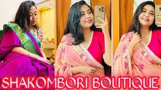 SHAKOMBORI BOUTIQUE LATEST Saraswati puja special saree blouse combo No rply means product sold