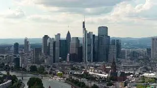 Majestic aerial view of Frankfurt am Main cityscape. Camera moves showing modern financial district