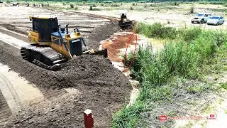 Nicely Sand fill Small Pond Complete! Powerful Skilled Dozer Pushing Sand & Dump Trucks Dumping Sand