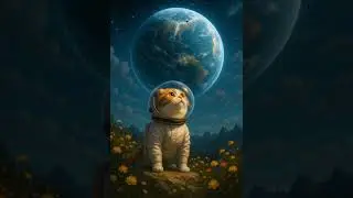 Space Explorer Cat 🚀 Orange Folded-Ear Kitty Gazes at a Blue Planet in Awe 🌍✨