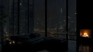 Modern Bedroom in the City Center: Peaceful Rain Outside the Window & Warm Firelight for Rest&relax.