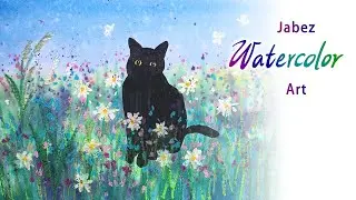 水彩畫 /蠟筆畫《黑貓與花叢》畫黑貓 / 畫花海《DIY彩繪系列 #191》
