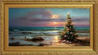 Coastal Christmas Tree Sunset Frame TV Art 4K | Vintage Gold Frame Coastal Grandma Background