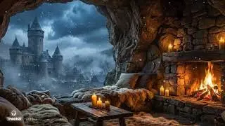 Cozy Medieval Cave & Castle View Ambience 🔥 Fantasy Music for Sleep & Writing (4 Hours)