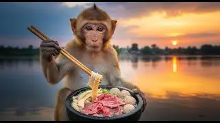 A 15-minute journey of a wild monkey cooking BEEF PHO by the stream | Primitive Cooking