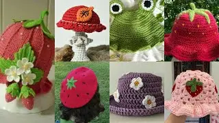 Trendy,crochet hand made bucket hat,froggy,strawberry,mashroom hats for girls