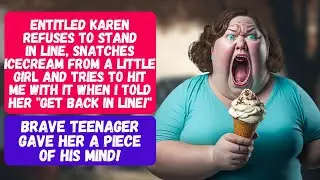 ENTITLED KAREN SNATCHES ICE-CREAM FROM A LITTLE GIRL AND TRIES TO HIT ME WITH IT! SHE GETS SERVED!