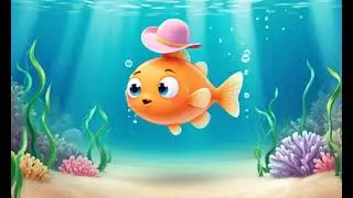 A cute cartoon fish swimming underwater  A small fancy hat slowly falls onto the fish s head  Brigh