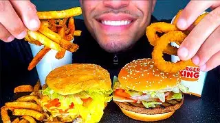 ASMR FIVE GUYS VS BURGER KING CHEESY *BIG BITES* EATING IMPOSSIBLE WHOPPER ONION RINGS FRIES MUKBANG