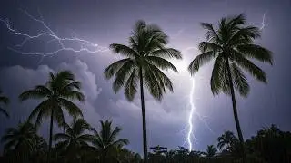Relaxing Tropical Rain Ambience &bull; Palm Trees at Night with Gentle Lightning