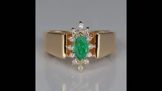 ESTATE - 14K Yellow Gold Marquise Cut Emerald and Diamond Ring .40cts