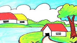 Easy landscape drawing for kids and beginners|Learn house and nature simple painting