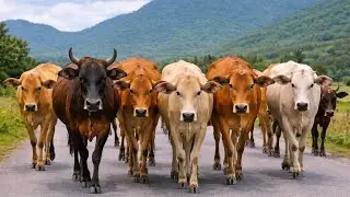 Puluhan sapi lembu jinak di desa berjalan dengan tenang melewati bukit menuju ke ladang desa