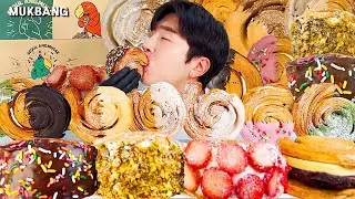 ASMR MUKBANG) 서울앵무새 퀸아망 초코파이 말차 시나몬롤 크림빵 디저트 먹방 cream Bread dessert Eating show