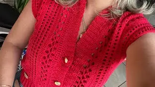 Blusa vermelha de crochê decote V ! Blusa com ponto sanfona ! Blusa para o Natal !